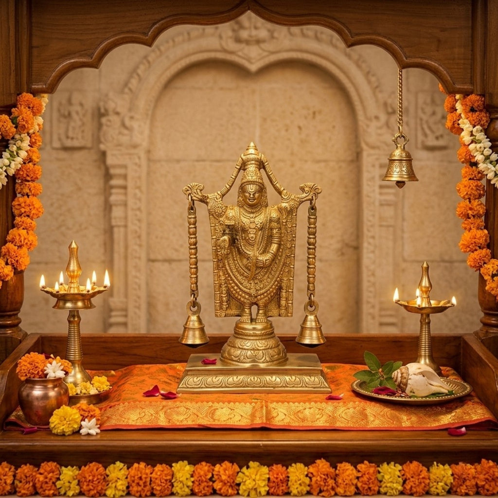 Handcrafted Brass Tirupati Balaji Idol with Arch & Hanging Bells – Premium Lord Venkateswara Srinivasa Statue for Home Mandir & Vastu BR-134-A