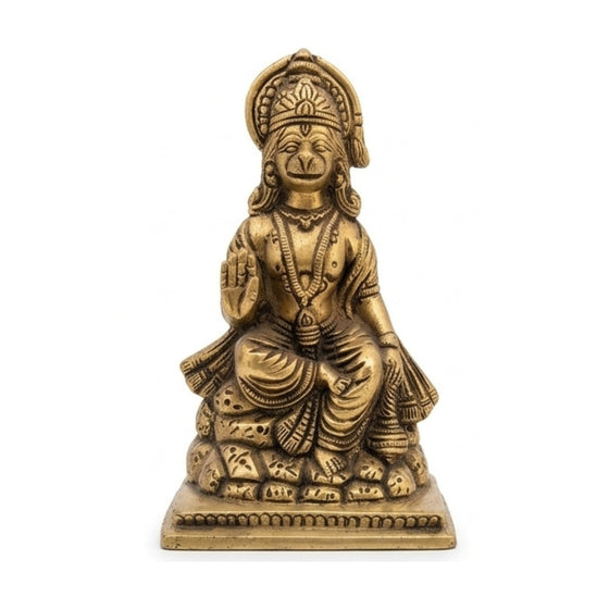 Handcrafted Brass Seated Hanuman Idol | Abhaya Mudra Bajrangbali Murti on Mountain Base BR-355-A