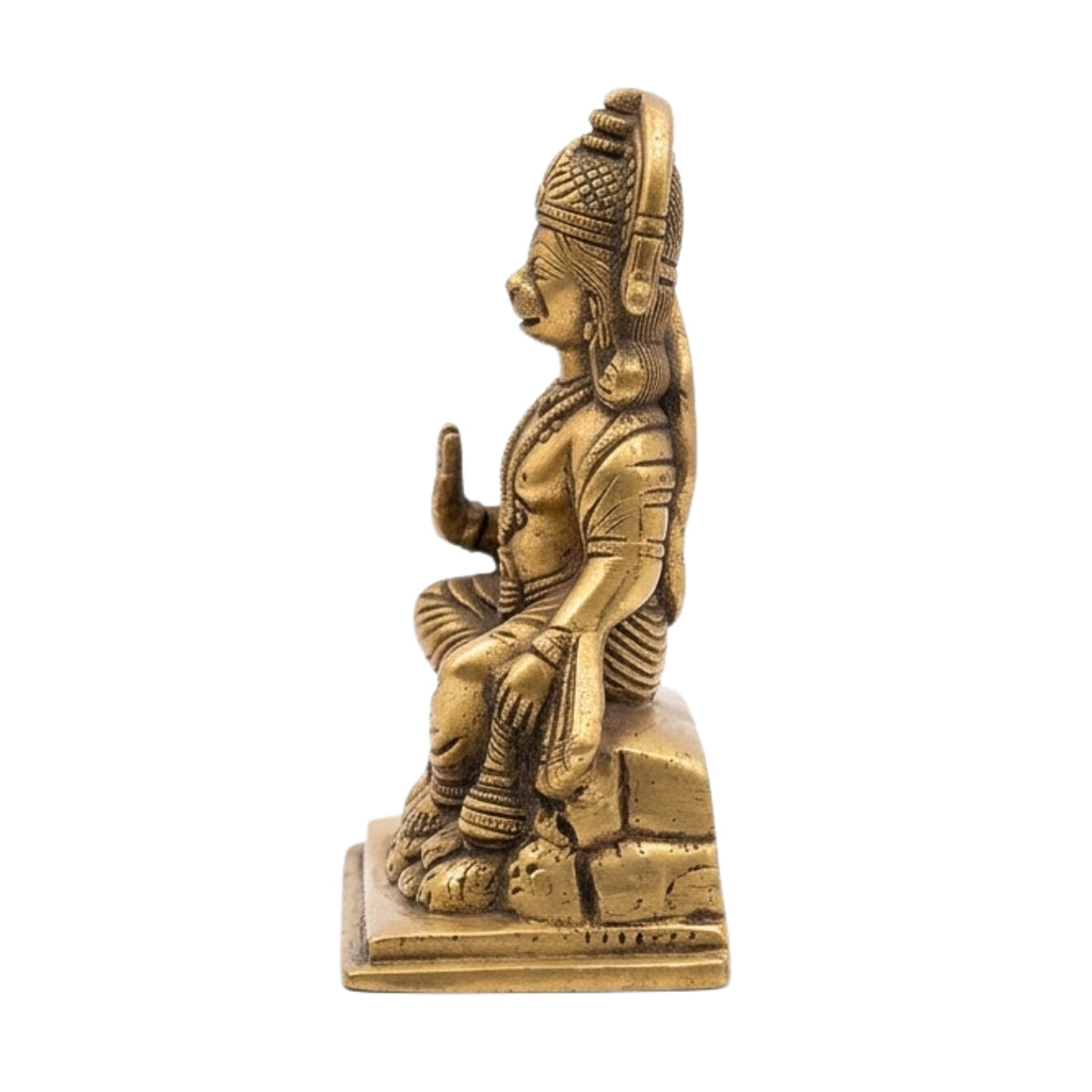 Handcrafted Brass Seated Hanuman Idol | Abhaya Mudra Bajrangbali Murti on Mountain Base BR-355-A