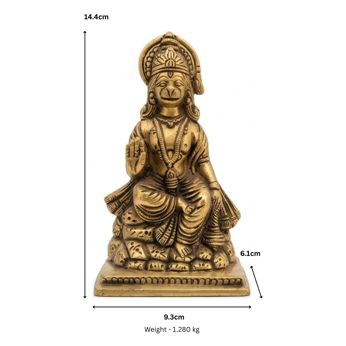 Handcrafted Brass Seated Hanuman Idol | Abhaya Mudra Bajrangbali Murti on Mountain Base BR-355-A