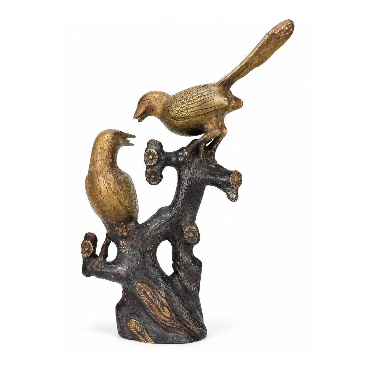Handcrafted Dual-Tone Brass Lovebirds on Tree Branch Figurine – Traditional Two Birds Antique Home Decor & Tabletop Sculpture BR-139-A