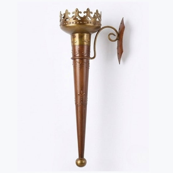 Vintage Medieval Torch Wall Sconce | Antique Brass and Wood Finish Metal Flame Holder | Gothic Castle Revival Decorative Wall Mounted Taper Candle Holder I-238