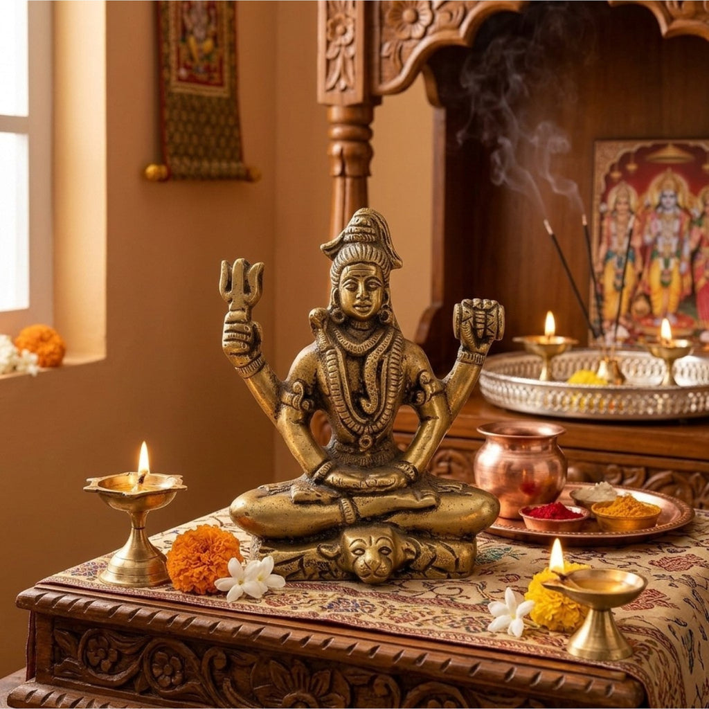 Handcrafted Pocket Brass Shiva Idol | Mini Meditating Mahadev Murti with Trishul on Tiger Skin Base BR-346-A