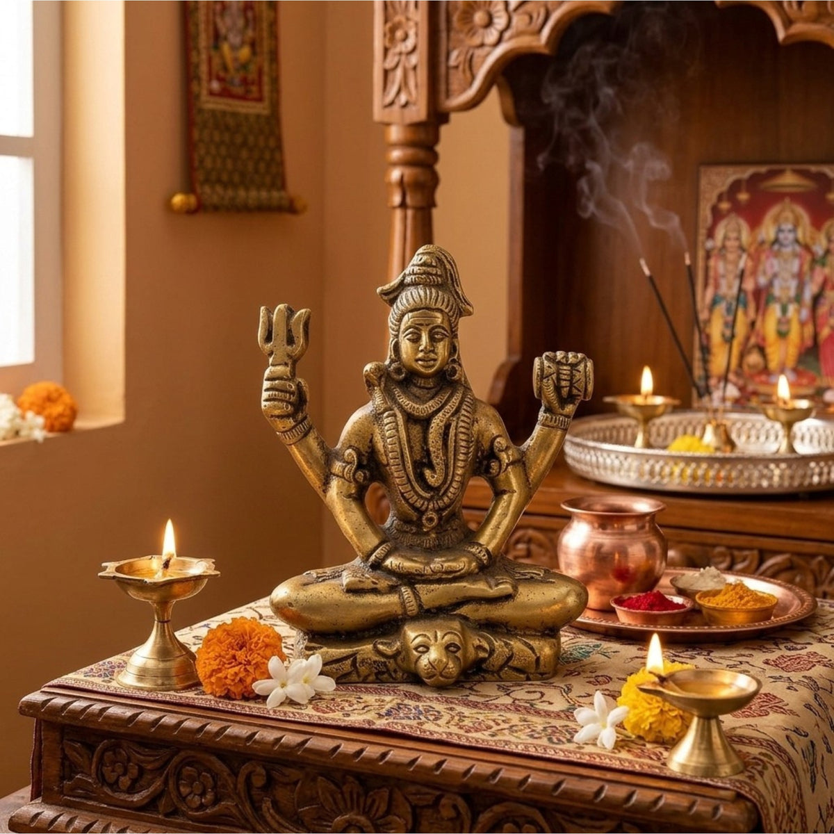 Handcrafted Pocket Brass Shiva Idol | Mini Meditating Mahadev Murti with Trishul on Tiger Skin Base BR-346-A