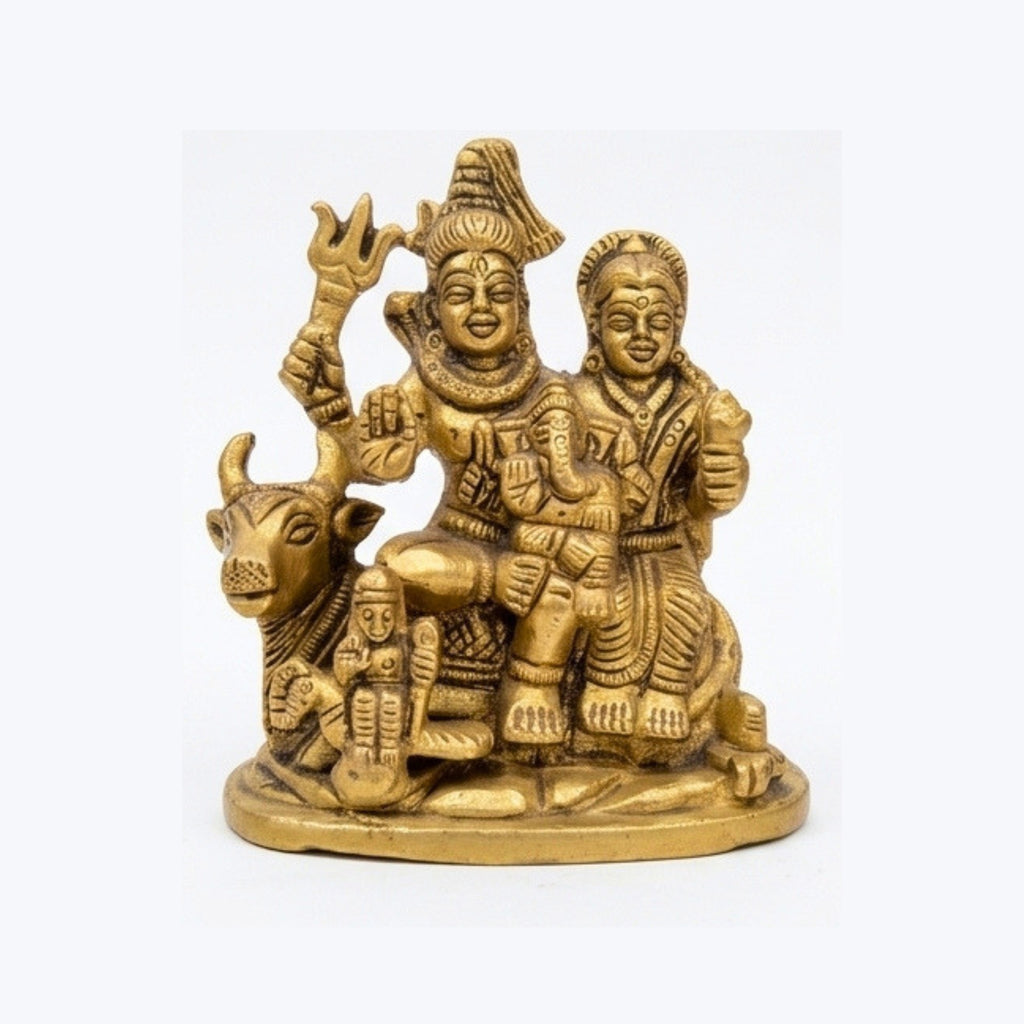 Handcrafted Brass Shiva Parvati Family Idol | Mini Shiv Parivar Murti with Baby Ganesha and Nandi BR-354-A