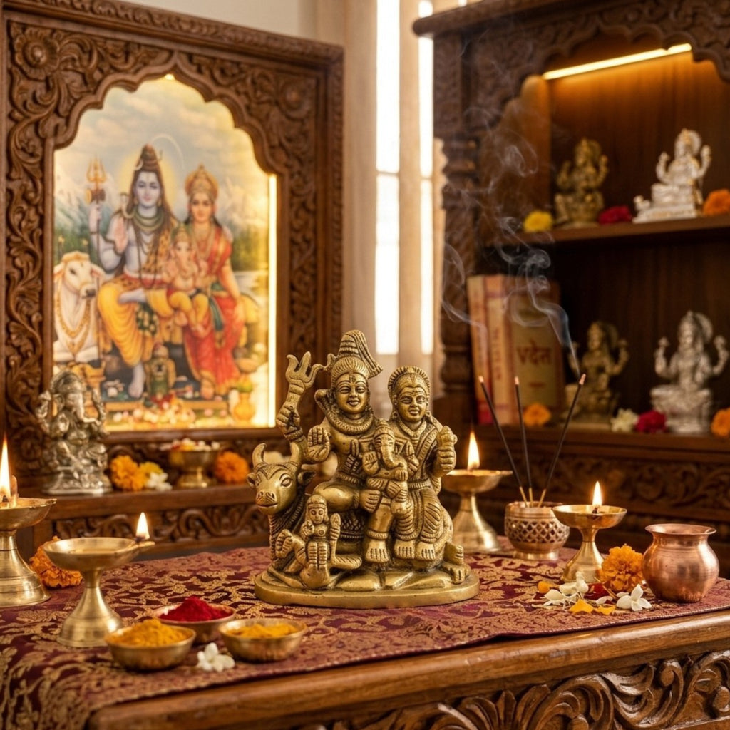 Handcrafted Brass Shiva Parvati Family Idol | Mini Shiv Parivar Murti with Baby Ganesha and Nandi BR-354-A