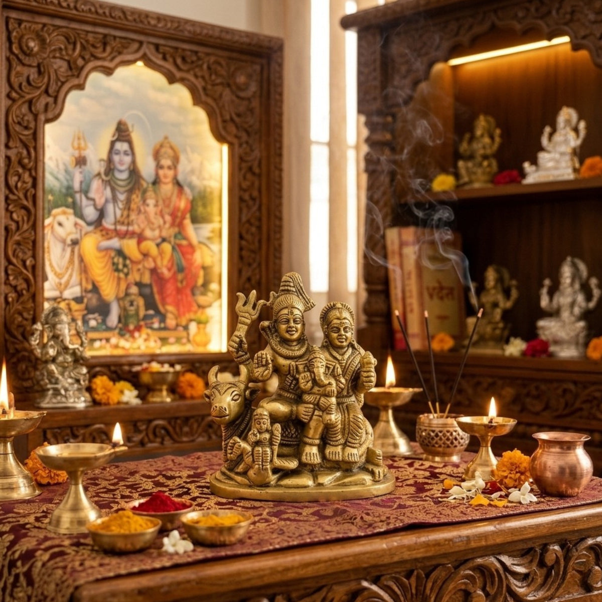 Handcrafted Brass Shiva Parvati Family Idol | Mini Shiv Parivar Murti with Baby Ganesha and Nandi BR-354-A