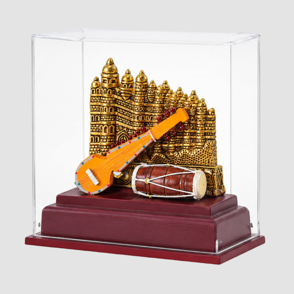 Handcrafted Indian Classical Music & Heritage Souvenir Display Case | Featuring Gwalior Fort & Miniature Folk Instruments (Ektara/Dotara & Dholak) GC-W-169-C