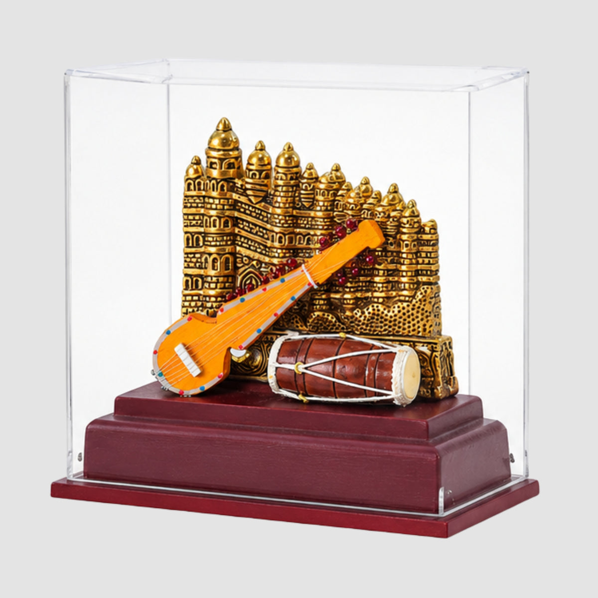 Handcrafted Indian Classical Music & Heritage Souvenir Display Case | Featuring Gwalior Fort & Miniature Folk Instruments (Ektara/Dotara & Dholak) GC-W-169-C