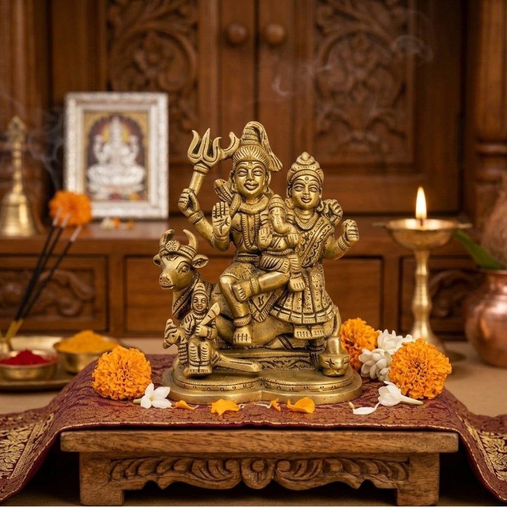 Handcrafted Brass Shiv Parivar Idol | Shiva Parvati Family Murti with Ganesha, Kartikeya, and Nandi BR-404-A