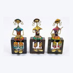 Hand-Painted Metal Musicians Set of 3 – Traditional Indian Folk Musician Dangler Figurines – Decorative Sitting Human Sculptures for Home Decor I-300-A