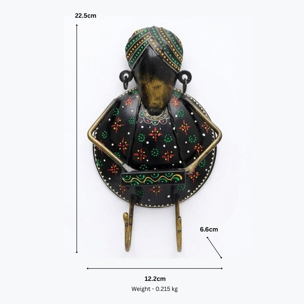 Handcrafted Metal Rajasthani Musician Wall Hook | Handpainted Ethnic Indian Folk Art Multi-Purpose Key Holder and Hanger for Wall Decor I-154-A