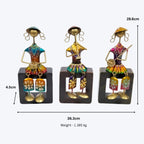 Hand-Painted Metal Musicians Set of 3 – Traditional Indian Folk Musician Dangler Figurines – Decorative Sitting Human Sculptures for Home Decor I-300-A
