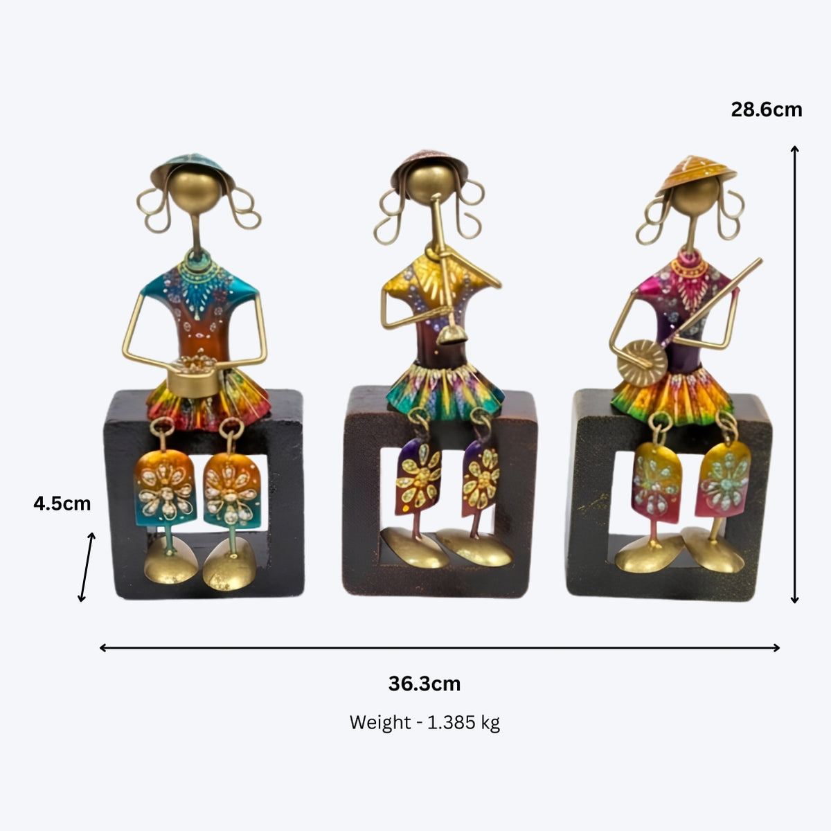 Hand-Painted Metal Musicians Set of 3 – Traditional Indian Folk Musician Dangler Figurines – Decorative Sitting Human Sculptures for Home Decor I-300-A