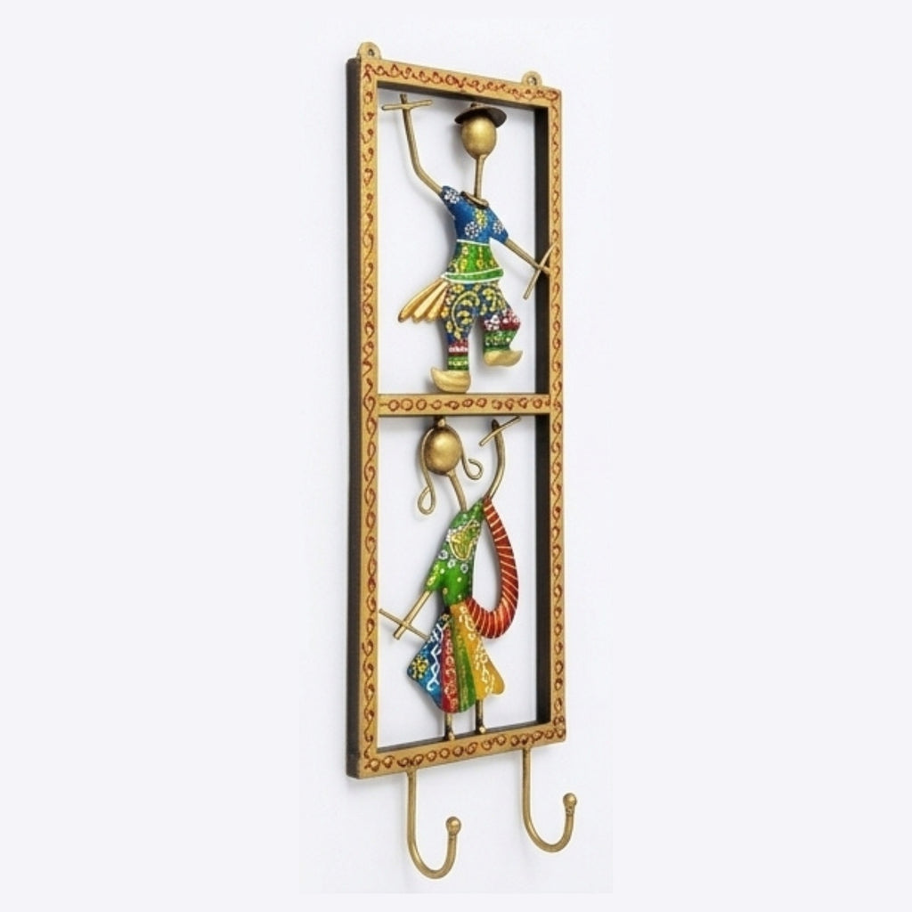 Handcrafted Metal Rajasthani Couple Wall Hook | Handpainted Traditional Dandiya Folk Dancers Key Holder and Hanger for Home Decor I-316-A