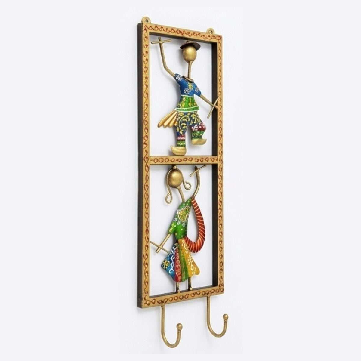 Handcrafted Metal Rajasthani Couple Wall Hook | Handpainted Traditional Dandiya Folk Dancers Key Holder and Hanger for Home Decor I-316-A