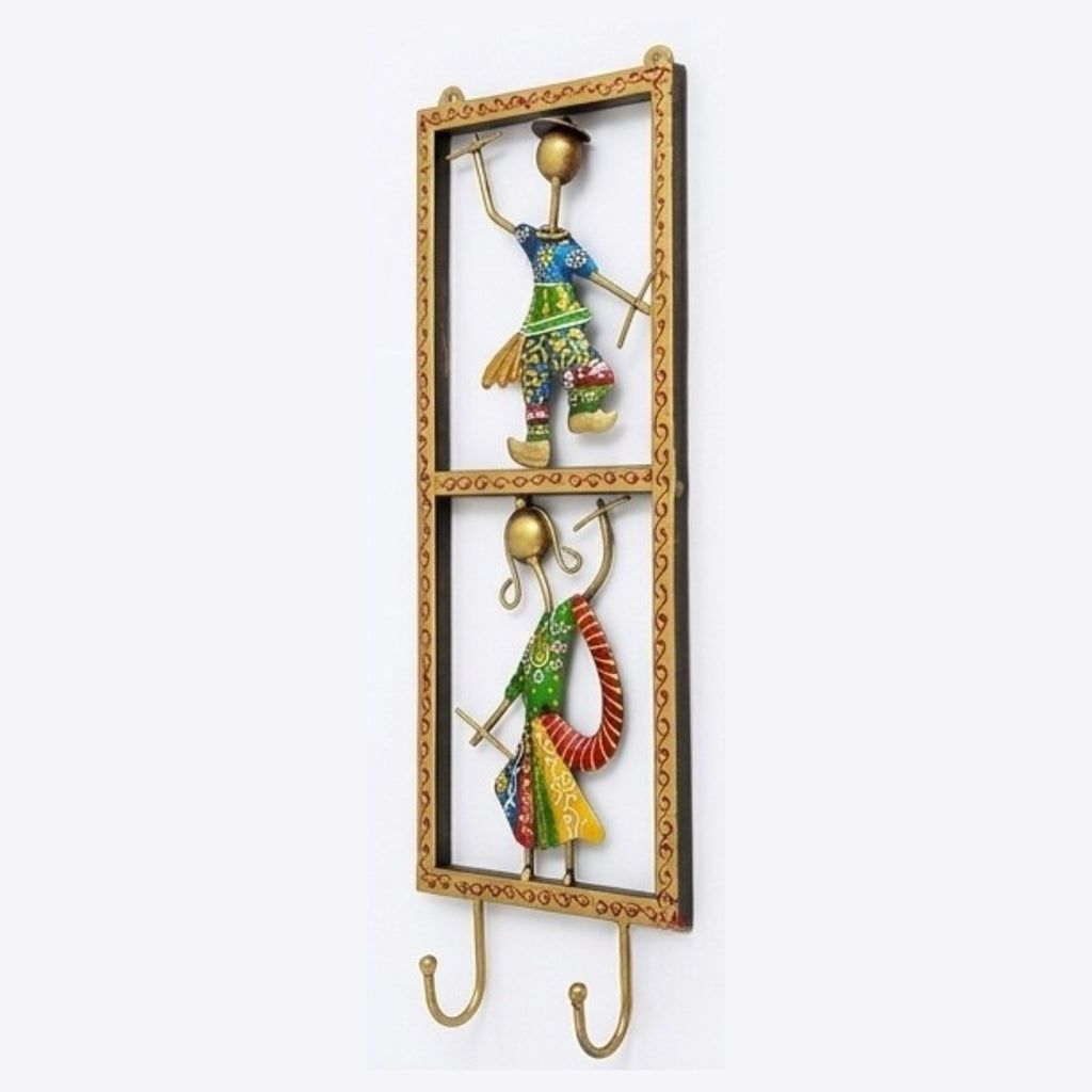 Handcrafted Metal Rajasthani Couple Wall Hook | Handpainted Traditional Dandiya Folk Dancers Key Holder and Hanger for Home Decor I-316-A