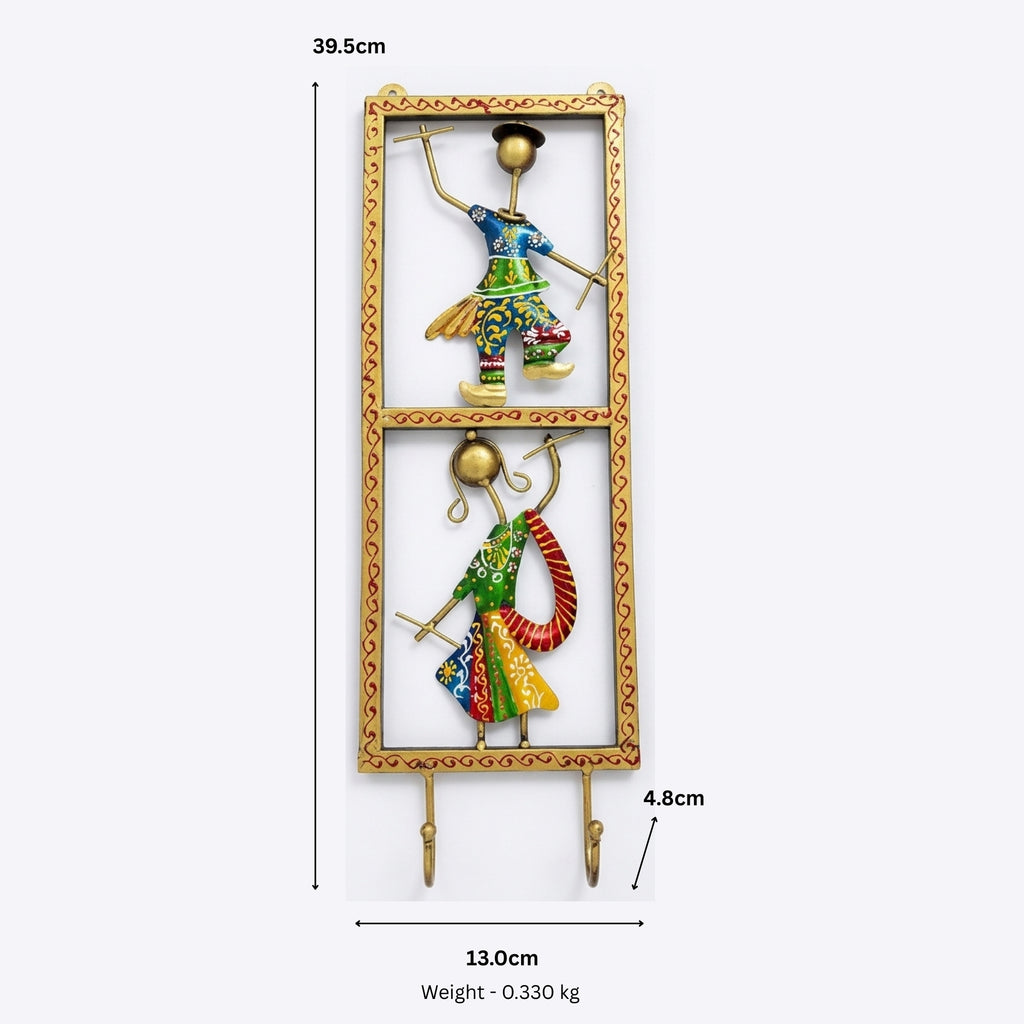 Handcrafted Metal Rajasthani Couple Wall Hook | Handpainted Traditional Dandiya Folk Dancers Key Holder and Hanger for Home Decor I-316-A