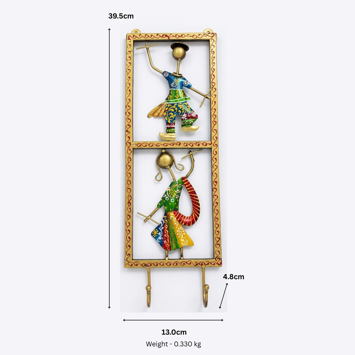 Handcrafted Metal Rajasthani Couple Wall Hook | Handpainted Traditional Dandiya Folk Dancers Key Holder and Hanger for Home Decor I-316-A
