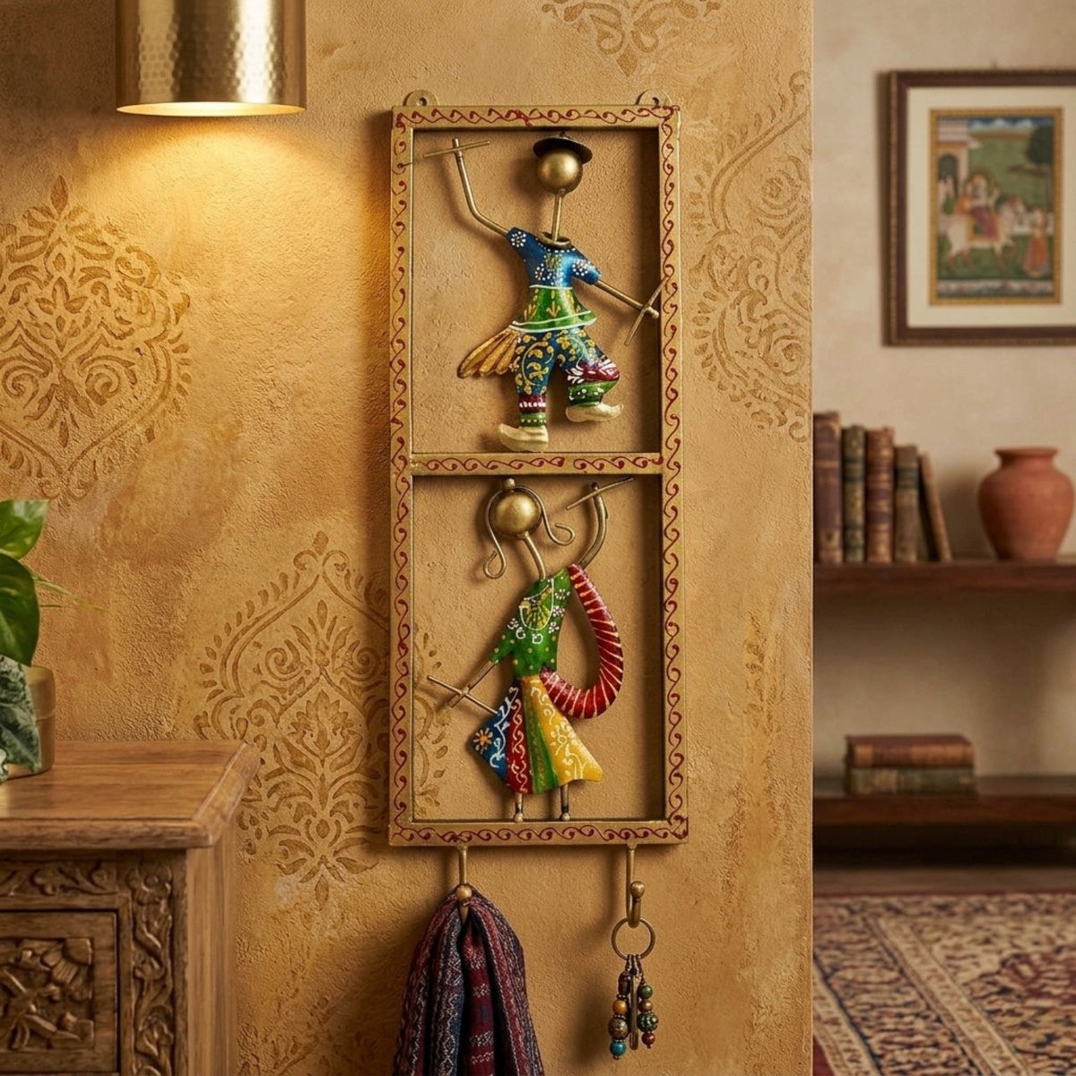 Handcrafted Metal Rajasthani Couple Wall Hook | Handpainted Traditional Dandiya Folk Dancers Key Holder and Hanger for Home Decor I-316-A