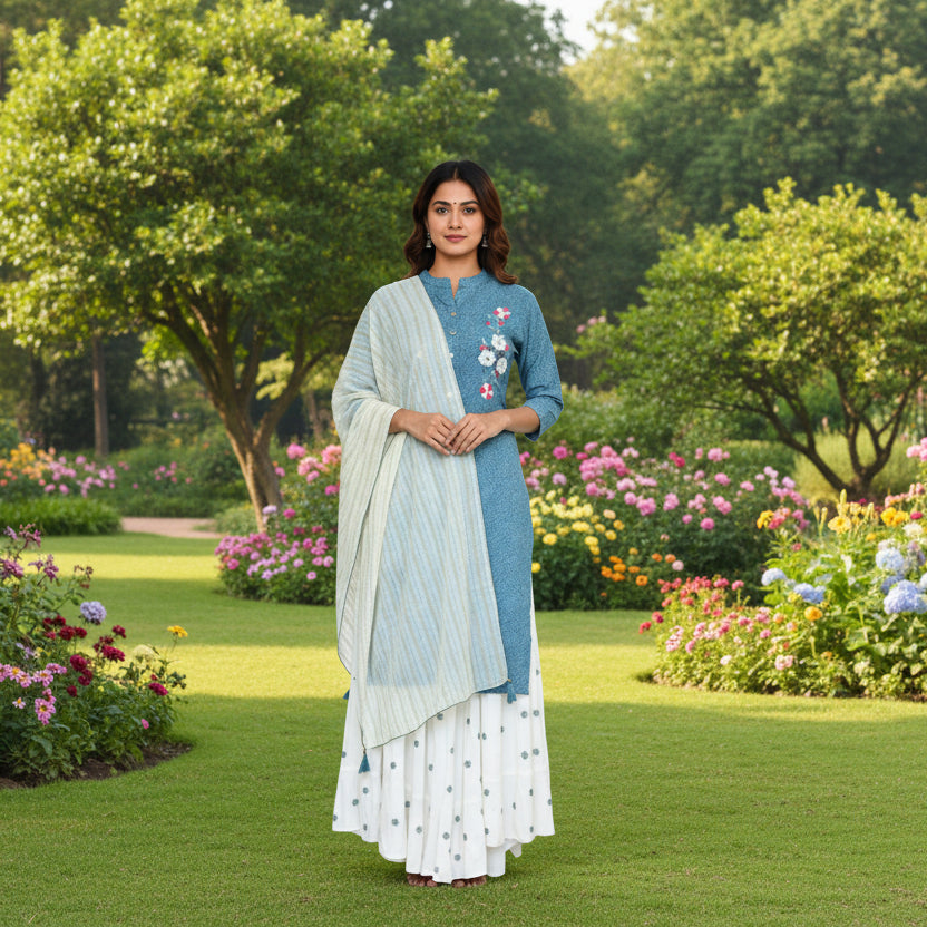 CraftEarth Women's Ethnic Blue Cotton Sharara Set with Dupatta K-D170