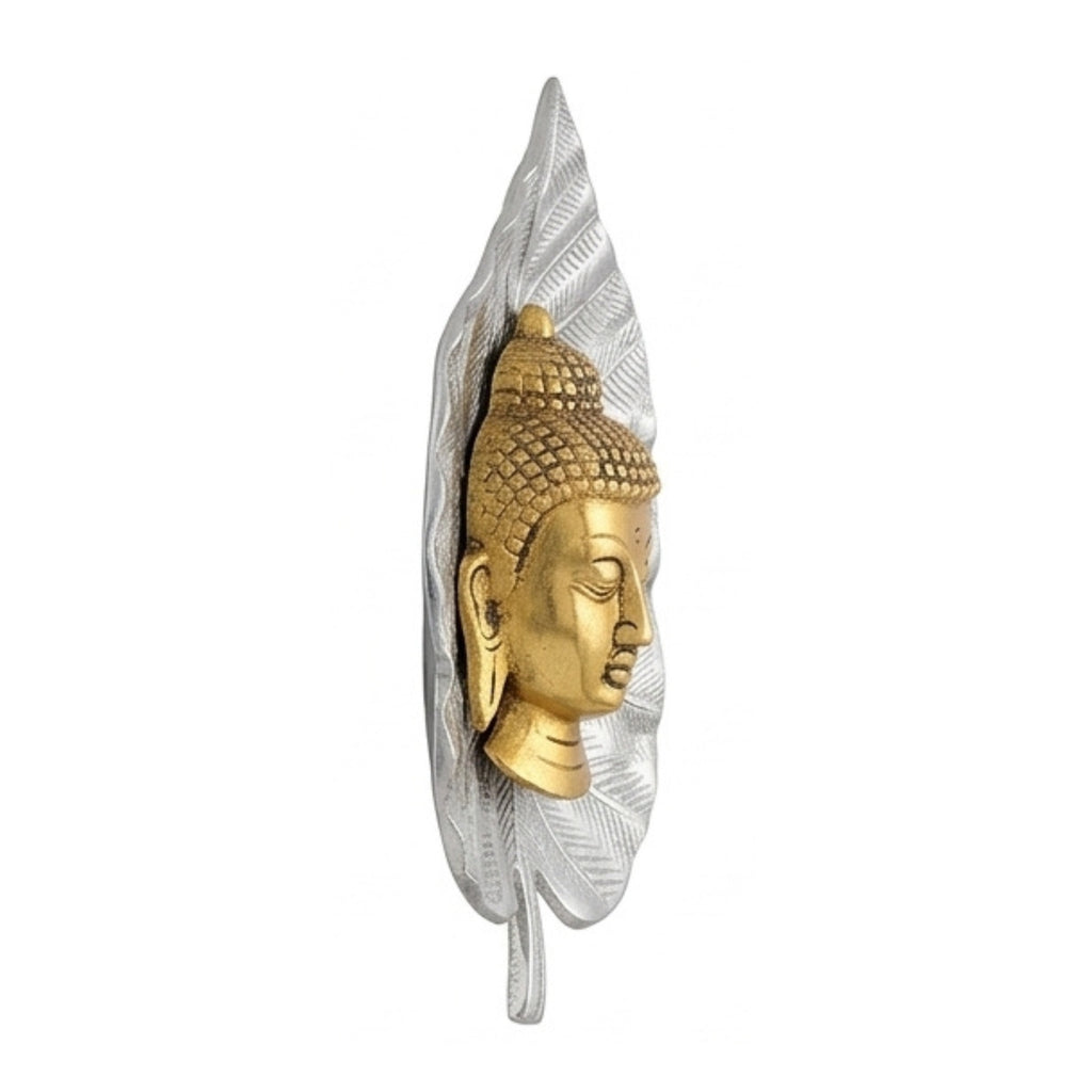 Buddha Head on Peepal Leaf Wall Hanging (Dual Tone Gold & Silver) W-192-A