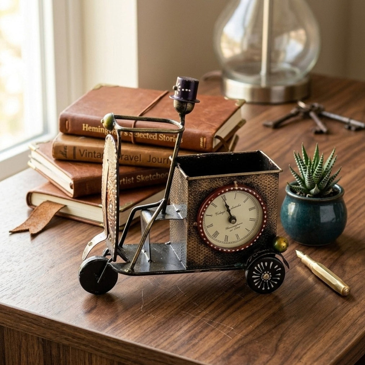Antique Style Metal Cycle Rickshaw Clock Figurine I-206-A