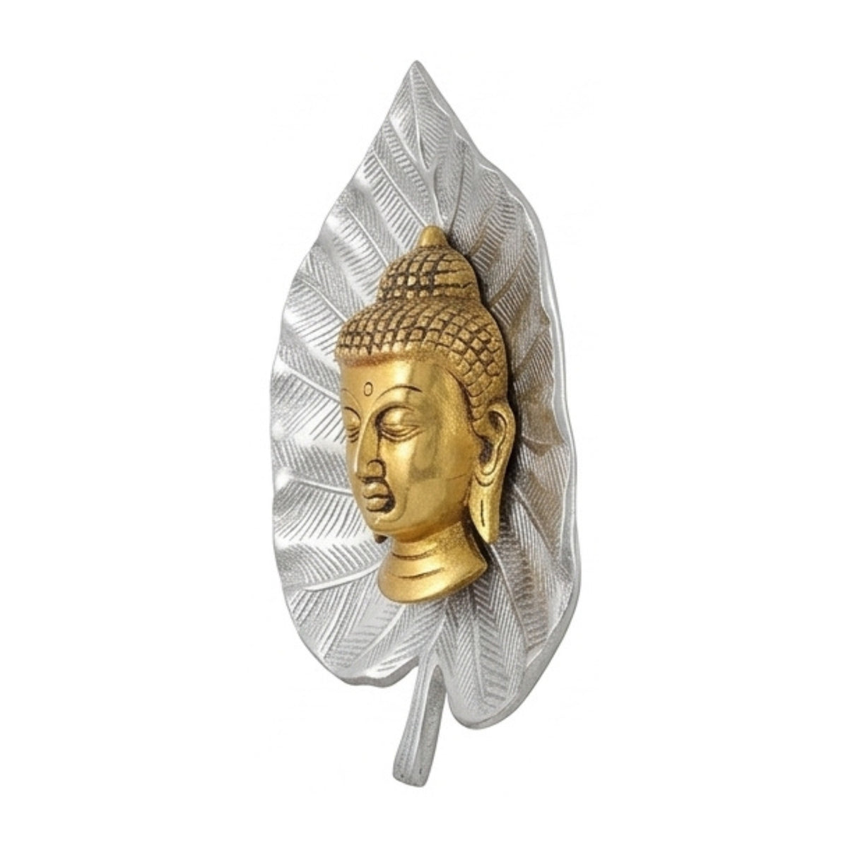 Buddha Head on Peepal Leaf Wall Hanging (Dual Tone Gold & Silver) W-192-A