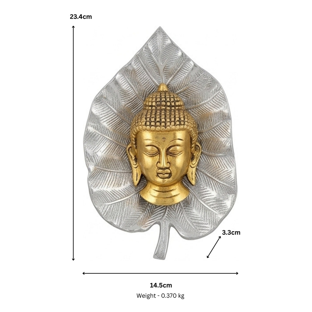 Buddha Head on Peepal Leaf Wall Hanging (Dual Tone Gold & Silver) W-192-A
