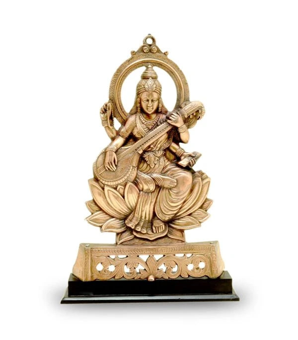 craftearth-black-metal-saraswati-big-plate-with-wooden-stand-1-min-600×685