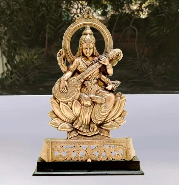craftearth-black-metal-saraswati-big-plate-with-wooden-stand-2-min-600×619