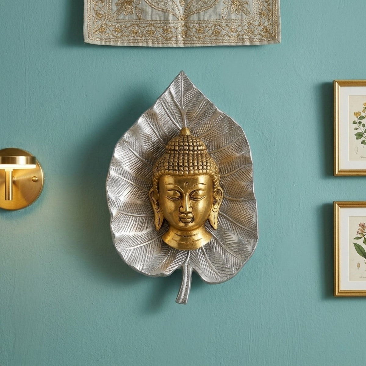 Buddha Head on Peepal Leaf Wall Hanging (Dual Tone Gold & Silver) W-192-A