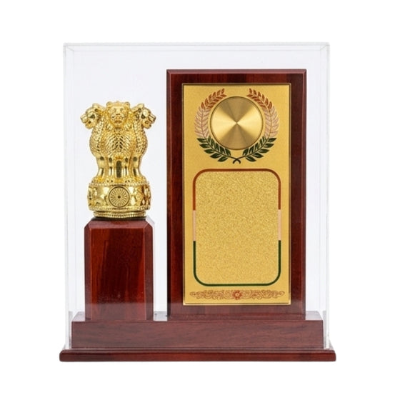 Premium Wooden Memento with Golden Ashoka Pillar Emblem and Acrylic Display Case GC-M-615-B