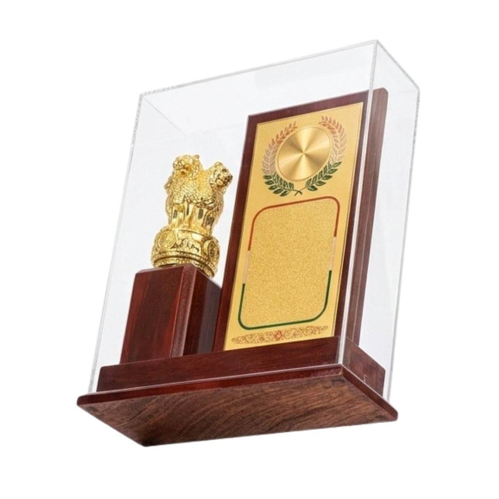 Premium Wooden Memento with Golden Ashoka Pillar Emblem and Acrylic Display Case GC-M-615-B