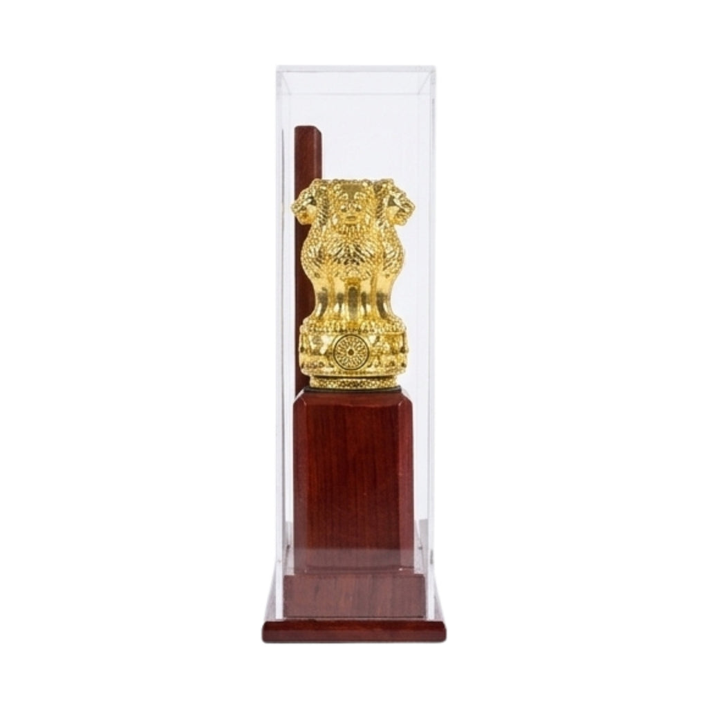 Premium Wooden Memento with Golden Ashoka Pillar Emblem and Acrylic Display Case GC-M-615-B