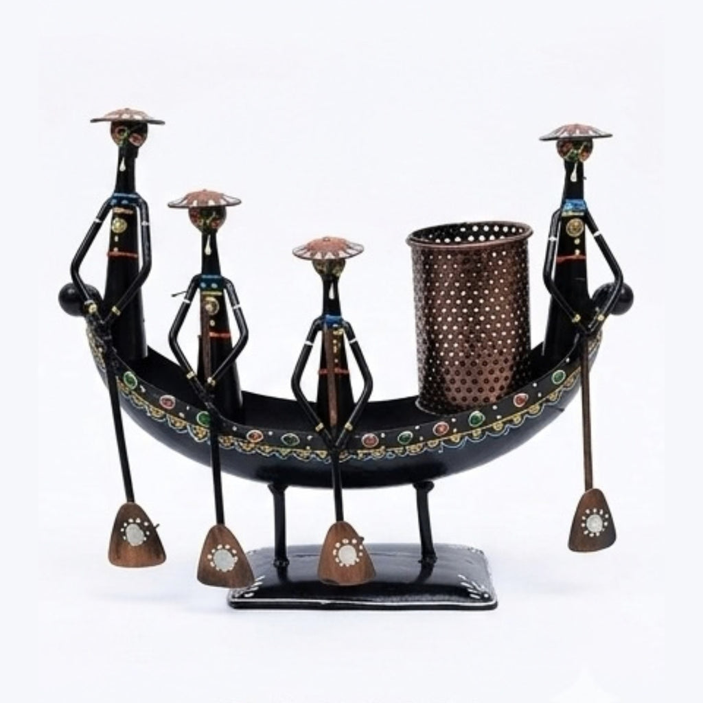 Iron Tribal Boatmen Figurine Pen Stand & Table Utility I-310-A