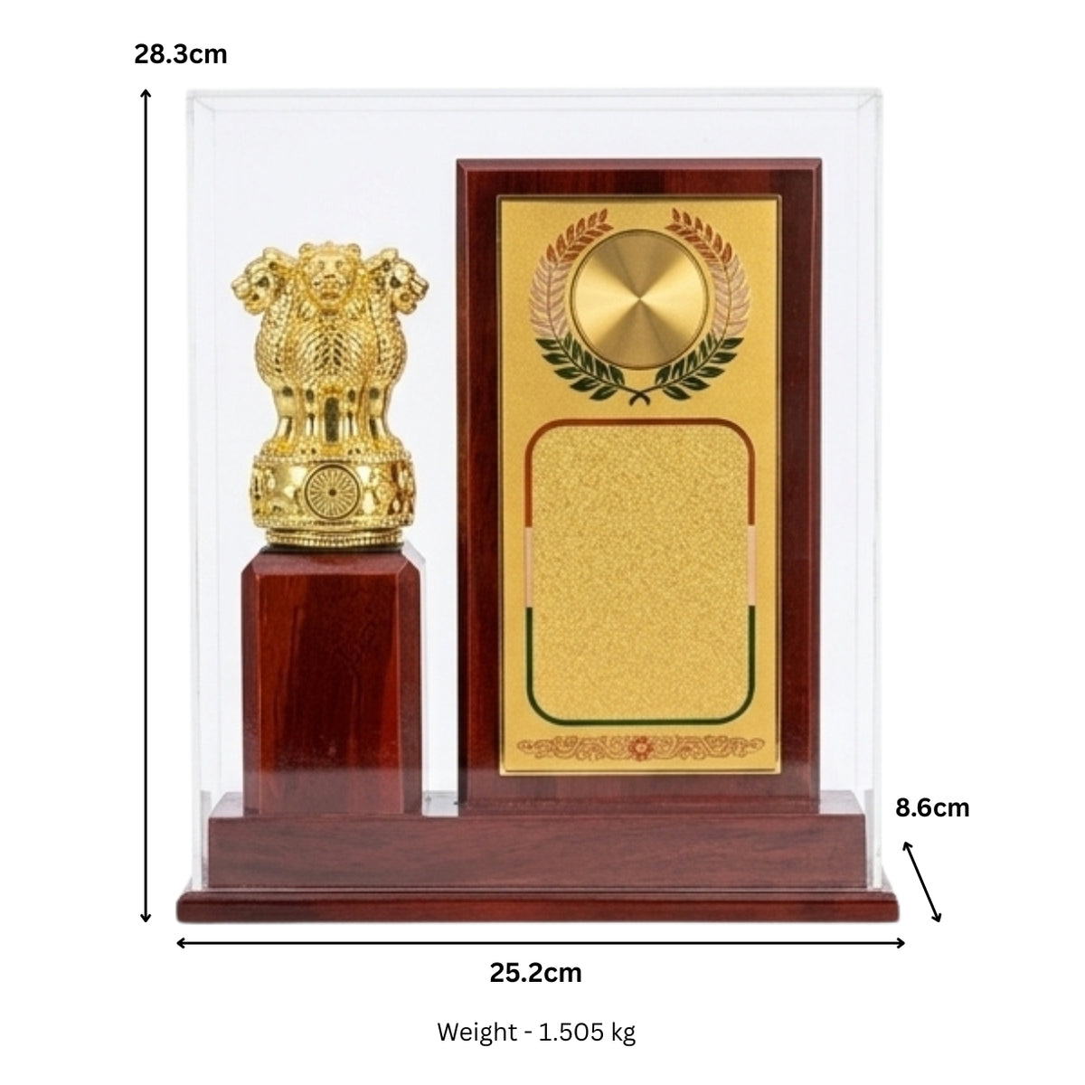 Premium Wooden Memento with Golden Ashoka Pillar Emblem and Acrylic Display Case GC-M-615-B