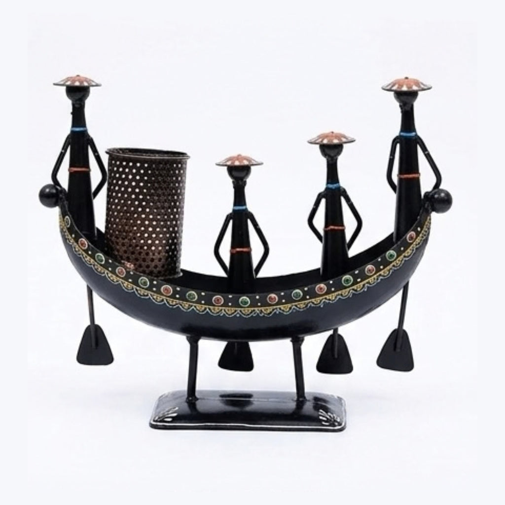 Iron Tribal Boatmen Figurine Pen Stand & Table Utility I-310-A