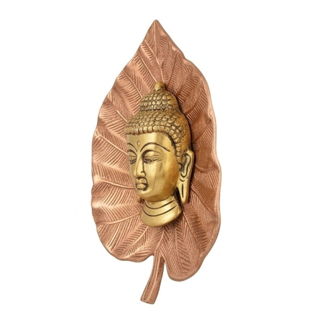 Buddha Head on Peepal Leaf Wall Hanging (Dual Tone Gold & Copper) W-191-A