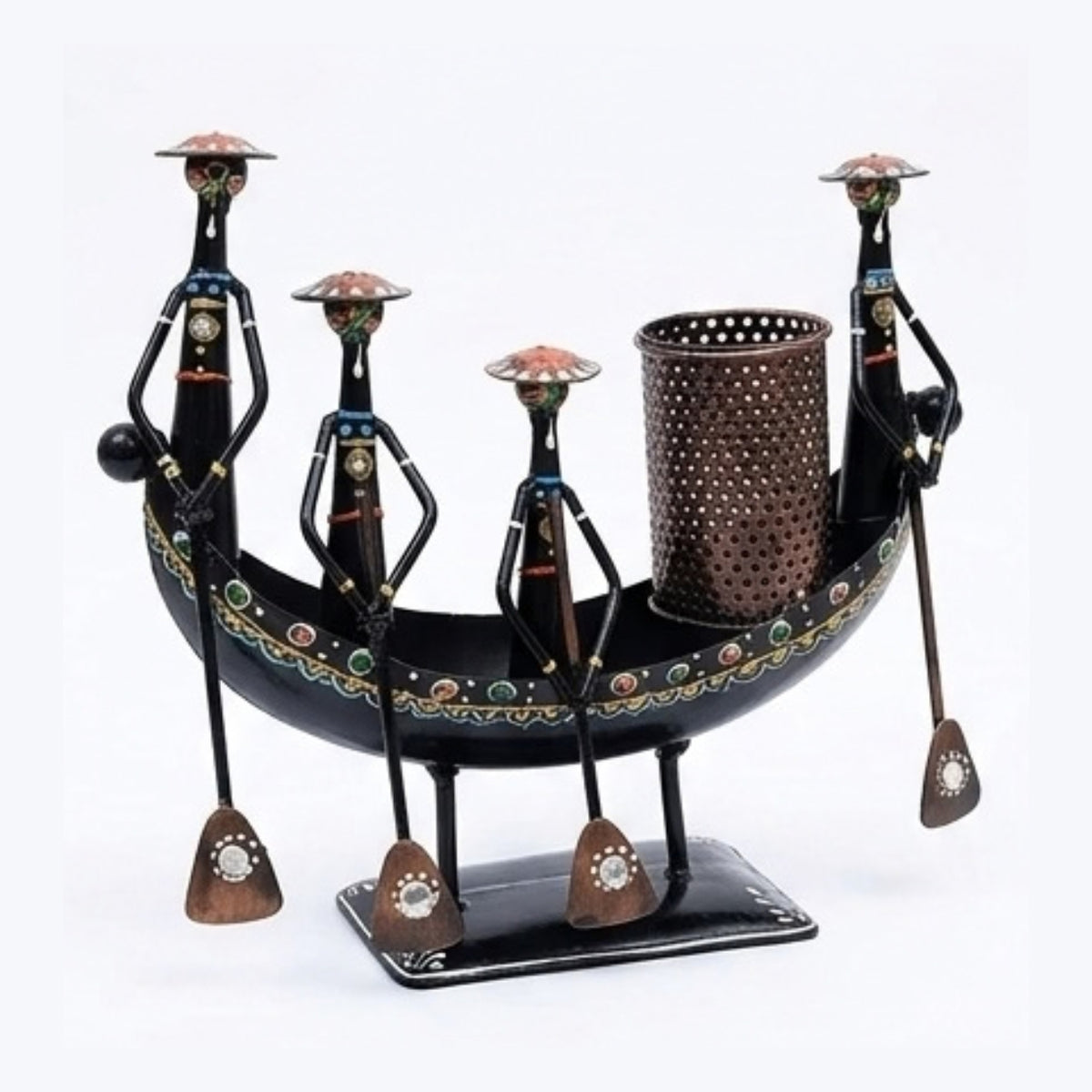 Iron Tribal Boatmen Figurine Pen Stand & Table Utility I-310-A
