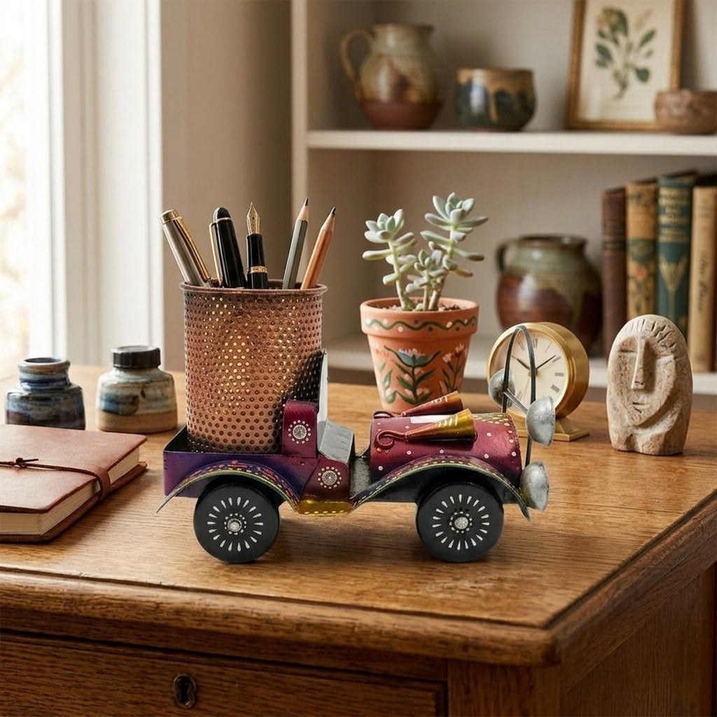 Handcrafted Vintage Car Metal Pen Stand & Desk Organizer