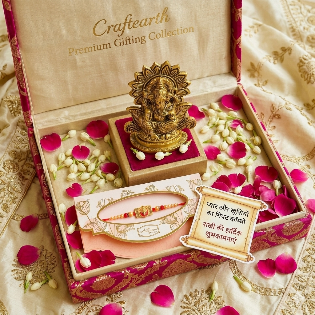 CraftEarth Designer Ganesha Rakhi for Brother with Metal Lord Ganesha Idol Combo Gift Set with Roli Chawal Pack RC-16