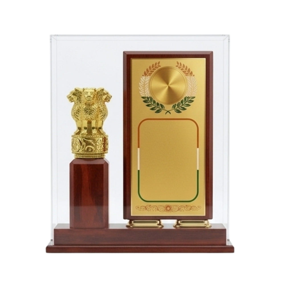 Premium Wooden Memento with Dual-Pillar Floating Plaque, Golden Ashoka Emblem, and Acrylic Display Case GC-M-615-A