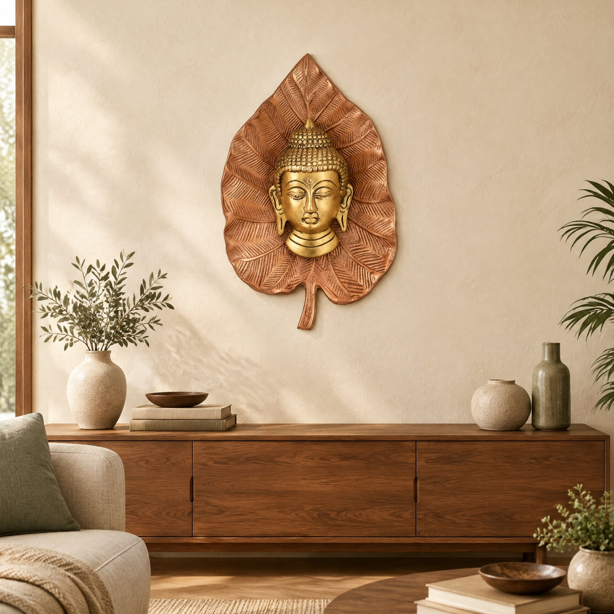 Buddha Head on Peepal Leaf Wall Hanging (Dual Tone Gold & Copper) W-191-A