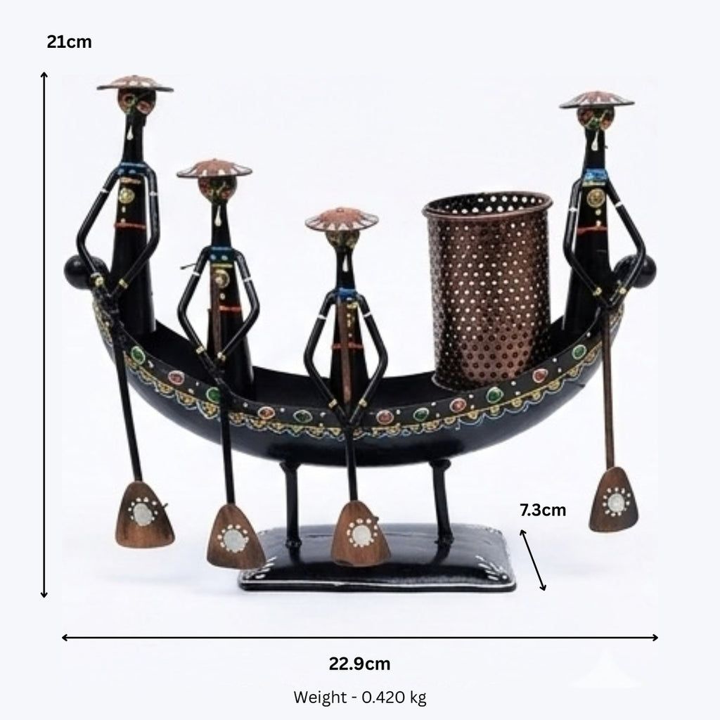 Iron Tribal Boatmen Figurine Pen Stand & Table Utility I-310-A
