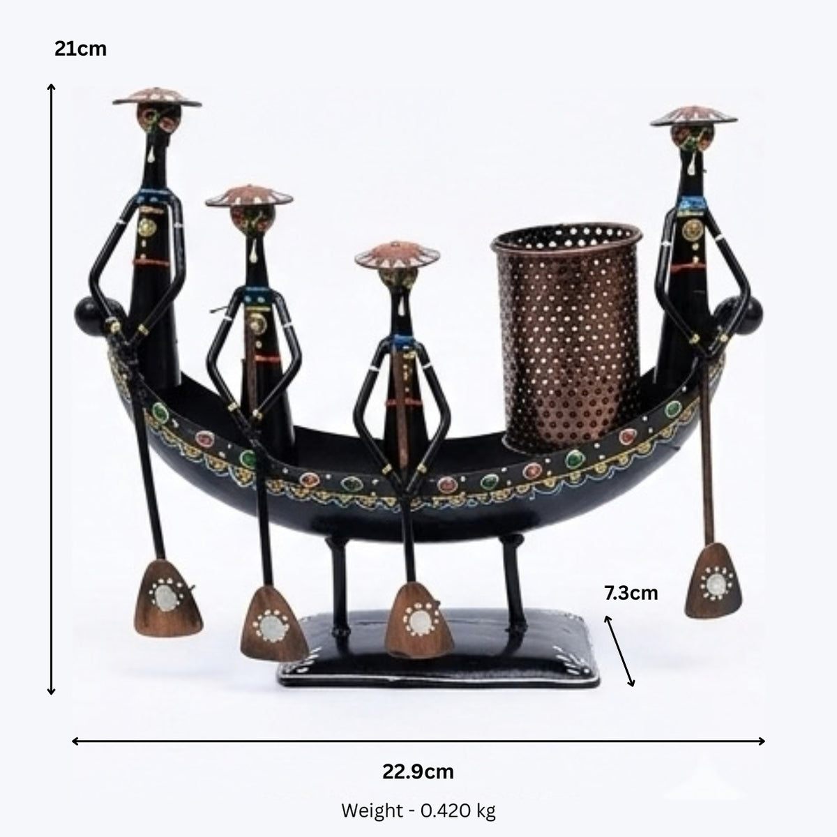 Iron Tribal Boatmen Figurine Pen Stand & Table Utility I-310-A