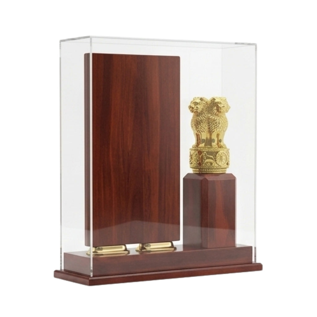 Premium Wooden Memento with Dual-Pillar Floating Plaque, Golden Ashoka Emblem, and Acrylic Display Case GC-M-615-A