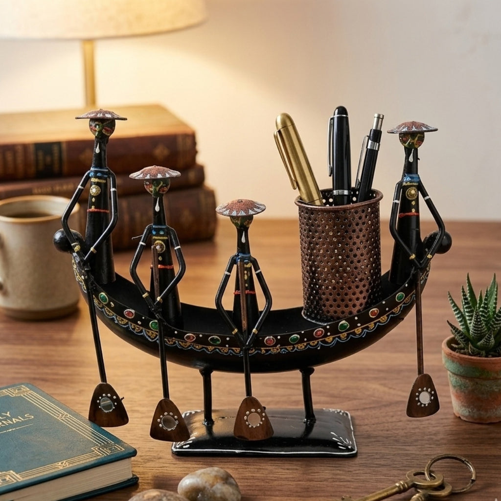 Iron Tribal Boatmen Figurine Pen Stand & Table Utility I-310-A