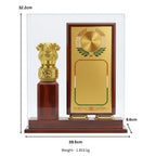 Premium Wooden Memento with Dual-Pillar Floating Plaque, Golden Ashoka Emblem, and Acrylic Display Case GC-M-615-A