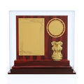 Premium Wooden Recognition Memento with Golden Ashoka Pillar Emblem, Custom Engraving Plates, and Acrylic Display Case GC-M-57-A